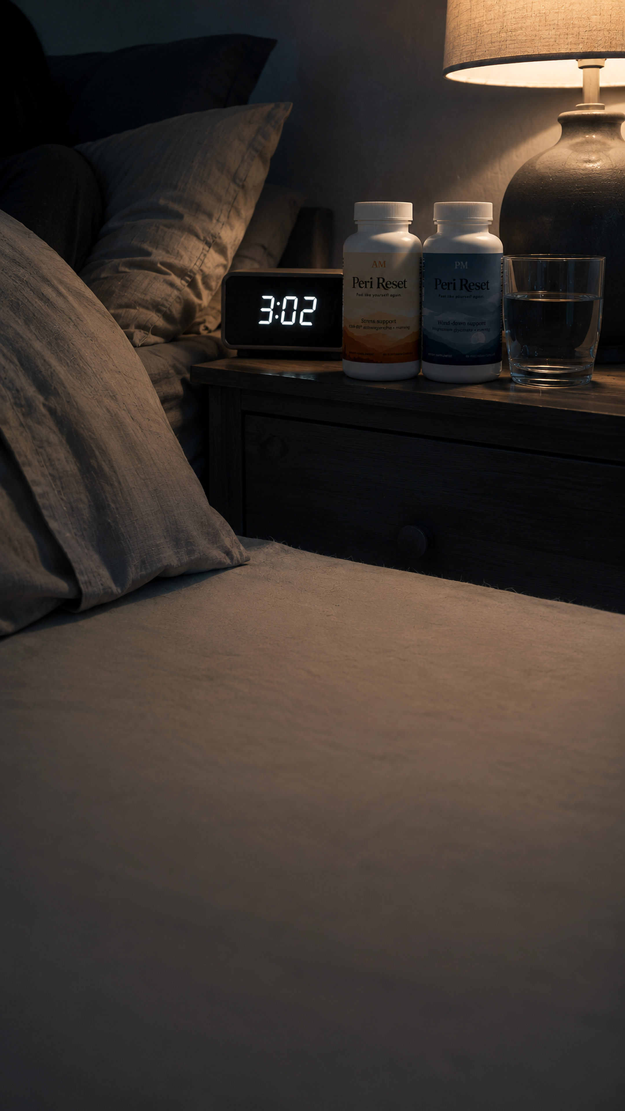 3:02am. Peri Reset AM and PM on the nightstand.