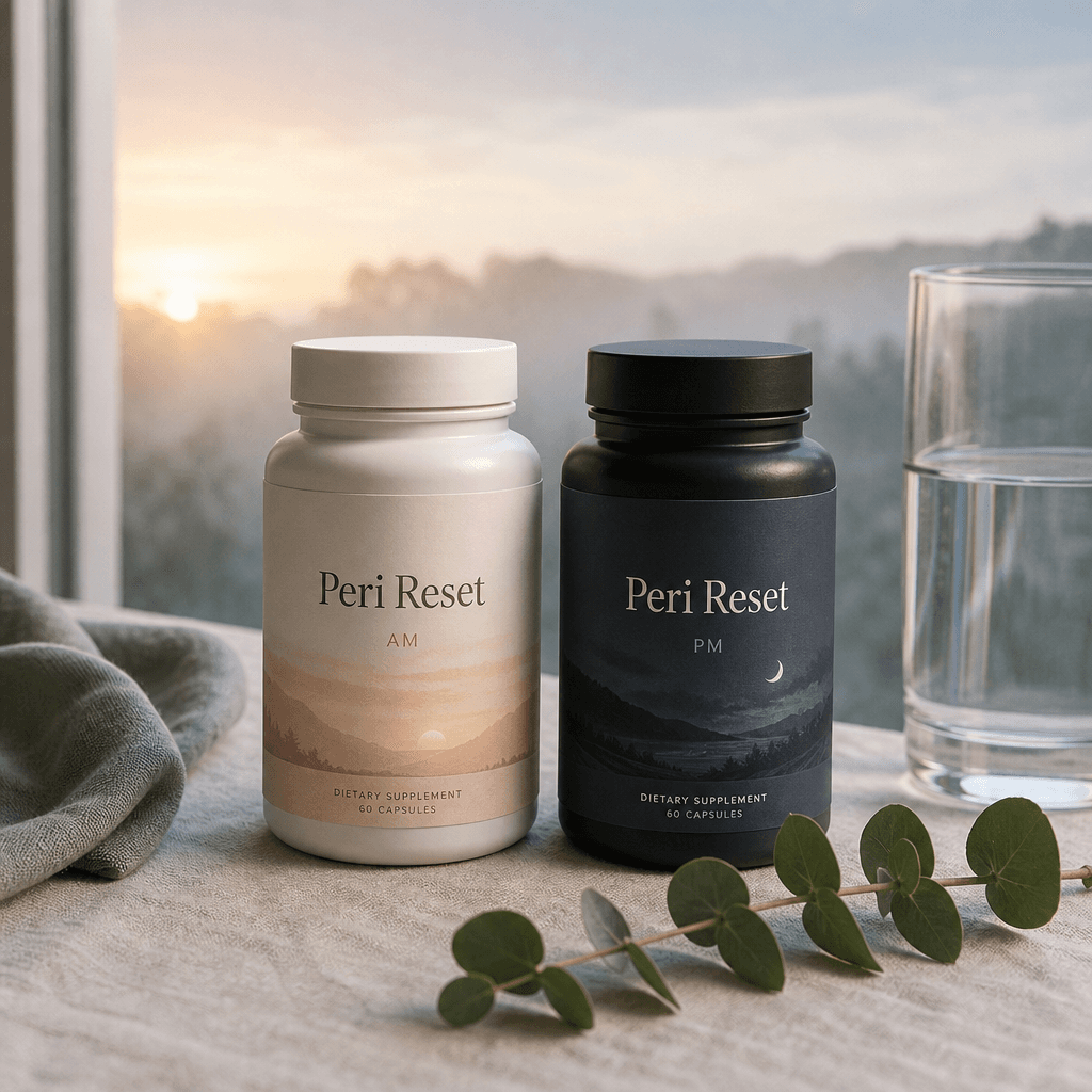 Peri Reset AM and PM bottles on linen in dawn light