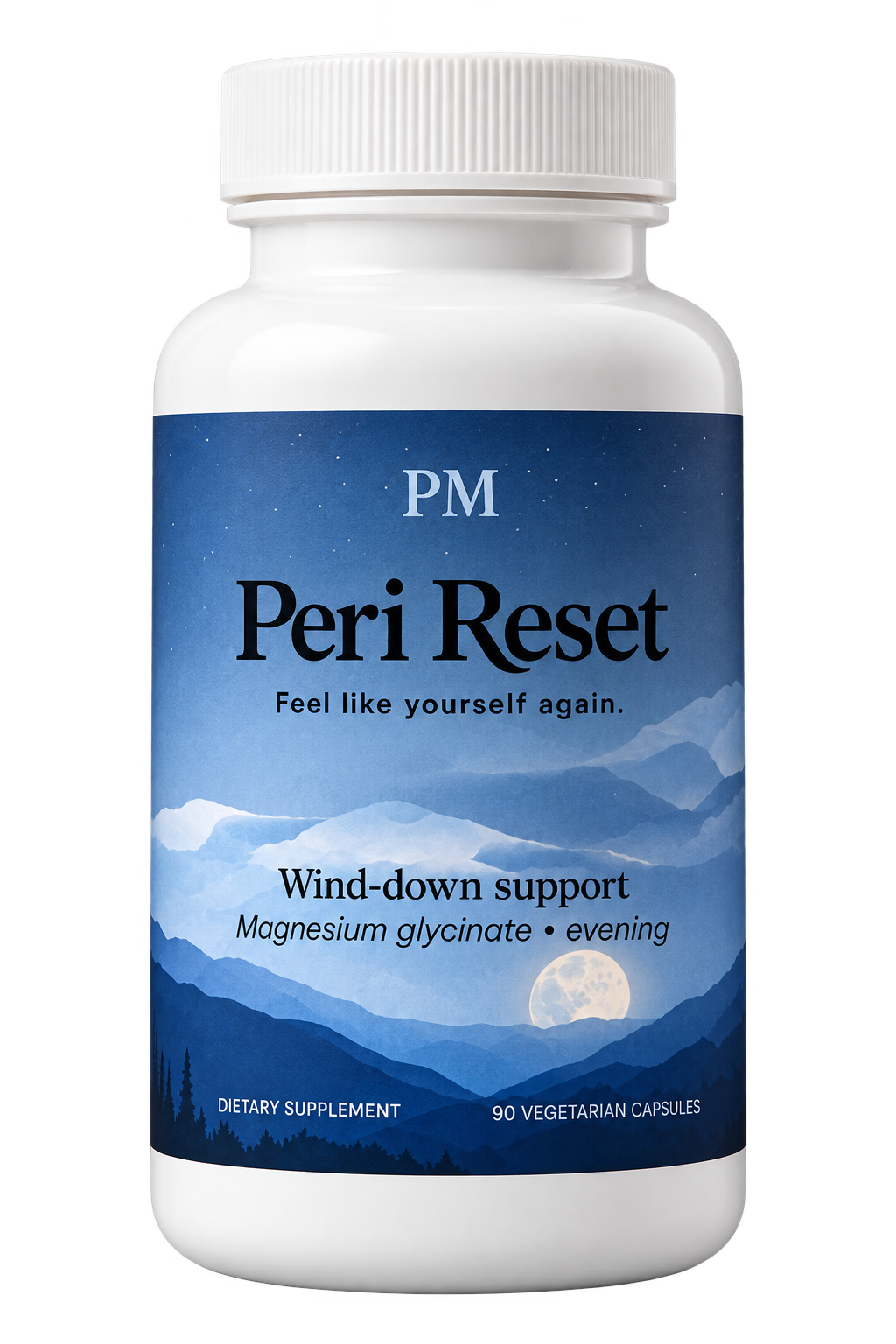 Peri Reset PM supplement bottle with magnesium glycinate for sleep
